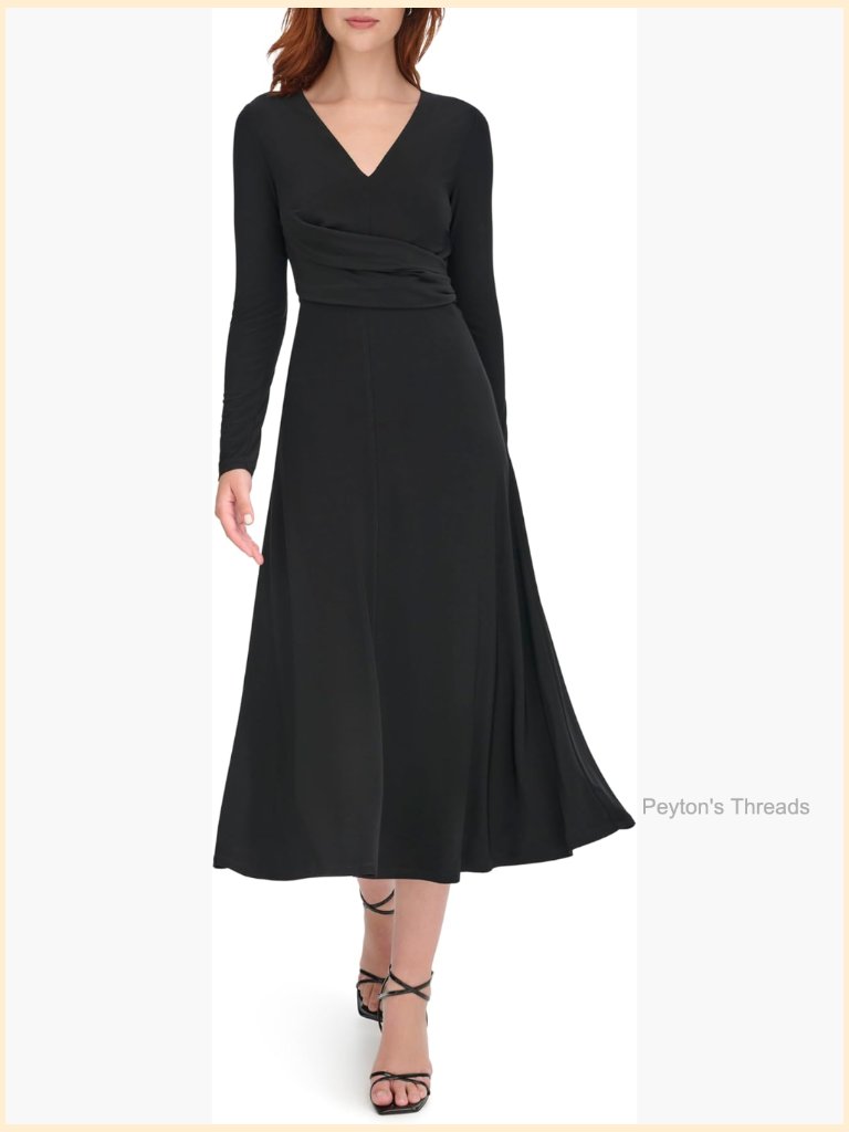 Long Sleeve V-Neck Side Drape Dress - Casual & Versatile